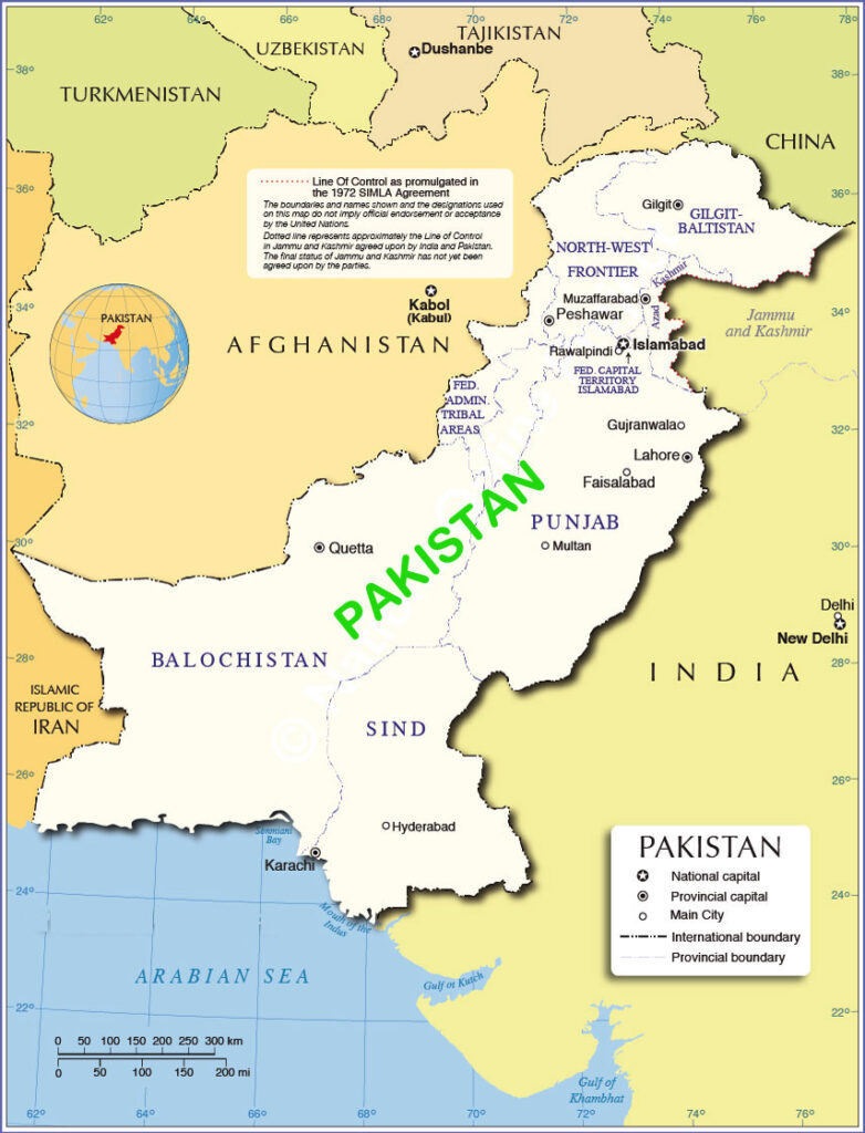 Kort over Pakistan og landets regioner